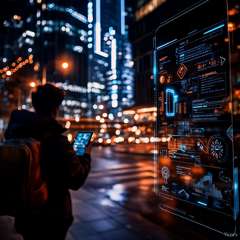 Two individuals stand on a city street at night, both focused on their smartphones.