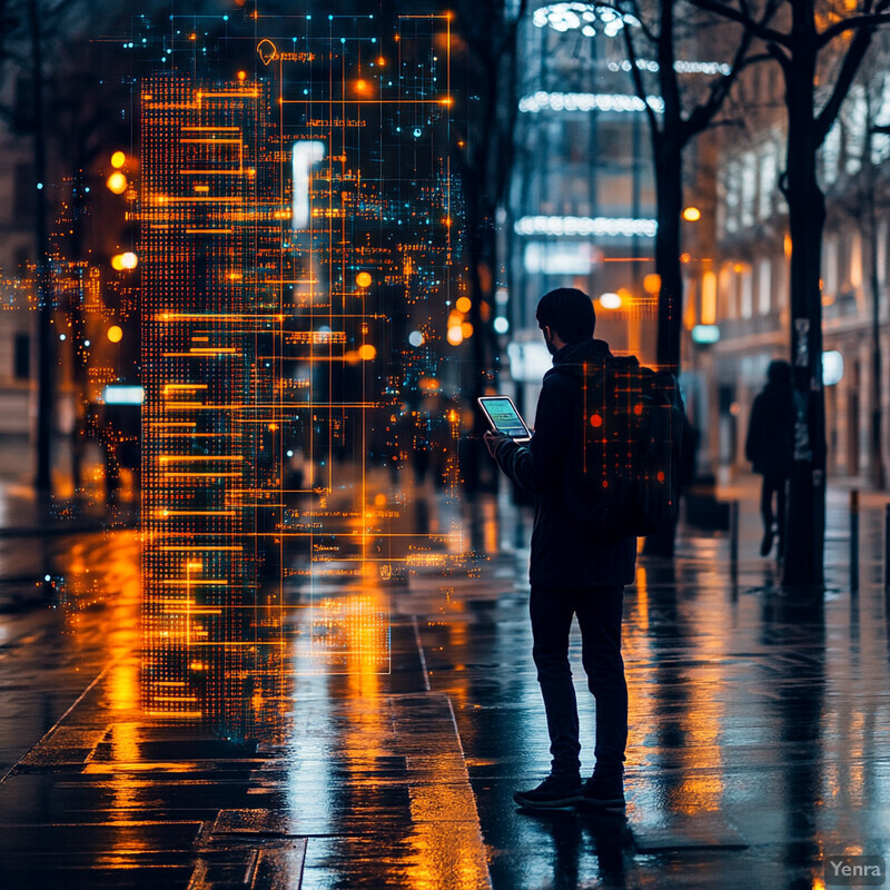 A man stands on a wet city street at night, gazing at his phone.