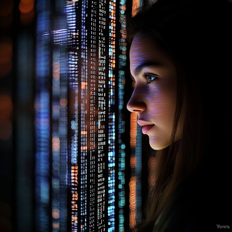 A woman gazes through a window with vertical blinds, creating an intricate pattern of light and shadow on her face as she looks out at the city.