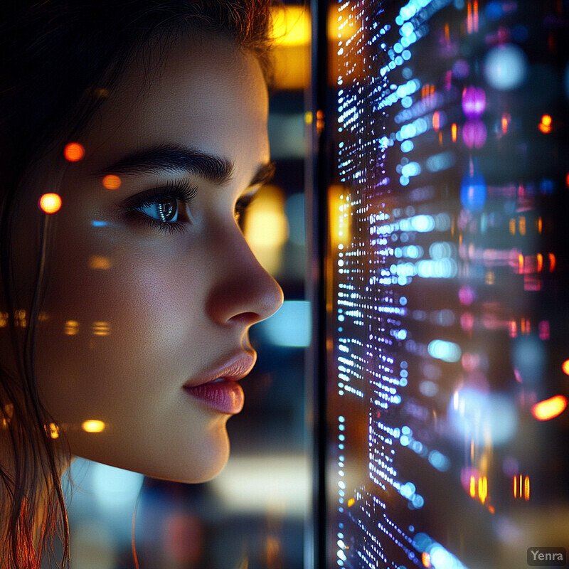 A young woman with long brown hair and blue eyes stares intently at a screen displaying lines of code.