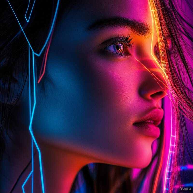 A close-up of a woman's face with a futuristic and mysterious atmosphere.