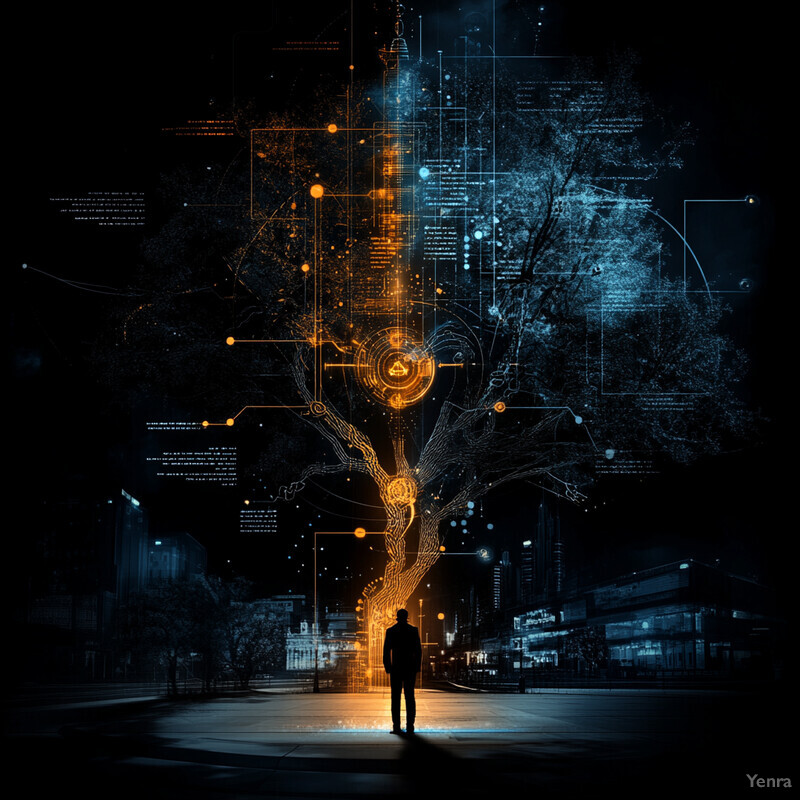 A person stands in front of a tree with an intricate network of lines and symbols superimposed over it, set against the backdrop of a cityscape.