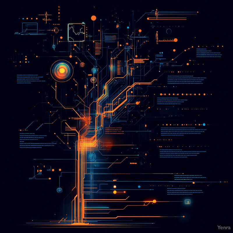 A complex system of interconnected lines and nodes, reminiscent of a circuit board or neural network.