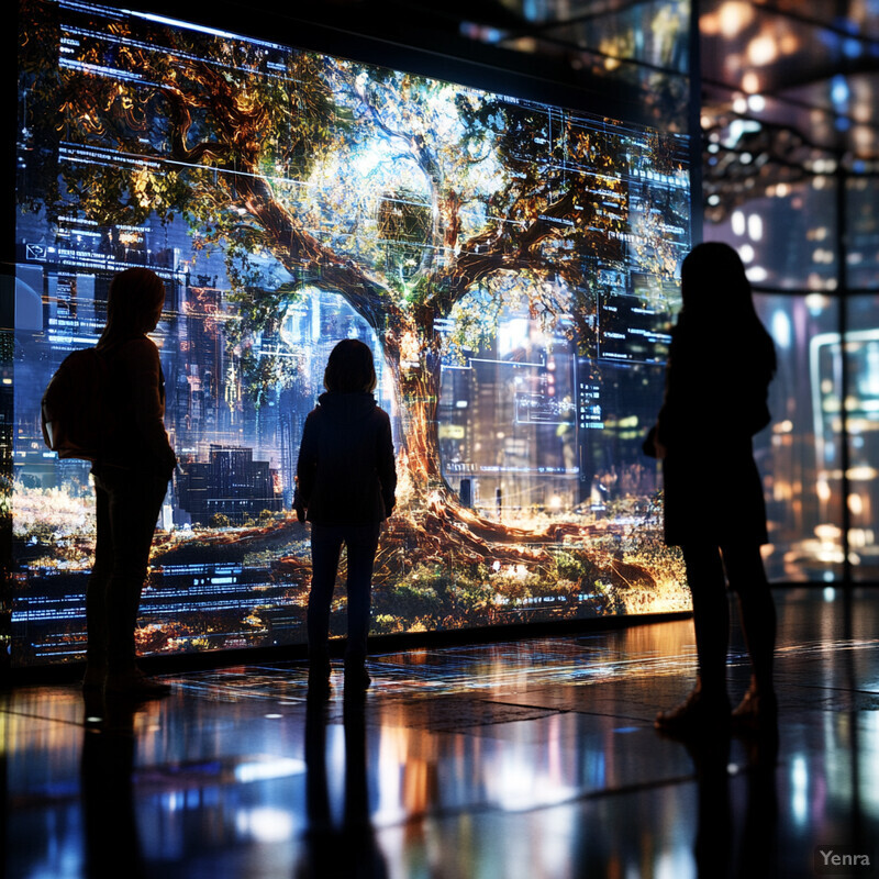 Three individuals standing in front of an interactive display screen featuring a tree and cityscape.