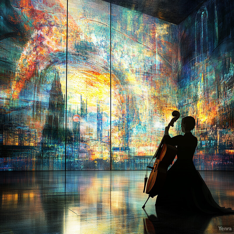 A woman in a long dress plays the cello in an empty room with colorful wallpaper and dark wooden floor.