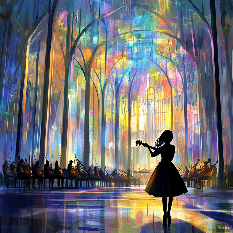 A woman plays the violin in front of an orchestra in a grand hall with high arched windows and stained glass.