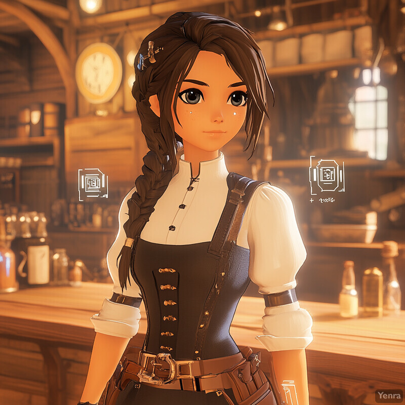 A young woman with long brown hair stands in front of a wooden counter, possibly in a tavern.