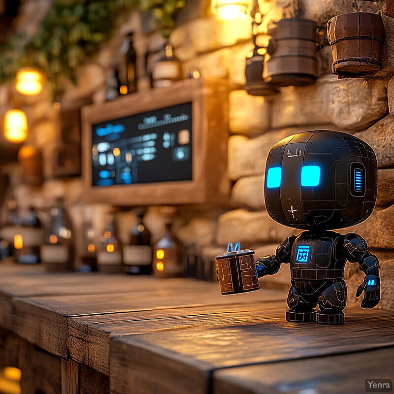 A robot stands on a wooden table in front of a stone wall, holding a cylindrical object.