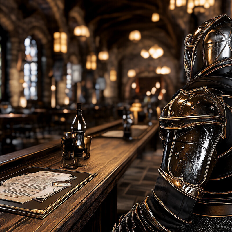 A medieval-style bar with a knightly atmosphere, featuring dark wood furniture and stone walls.