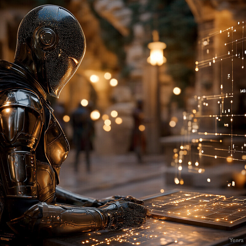 An advanced humanoid robot is seen gazing at a holographic cityscape screen in what appears to be an urban planning or architectural design setting.