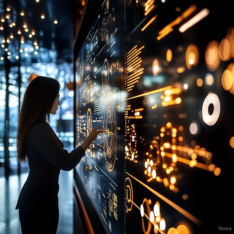 A woman examines a large screen displaying predictive analytics data for user retention in an indoor office or conference room setting.