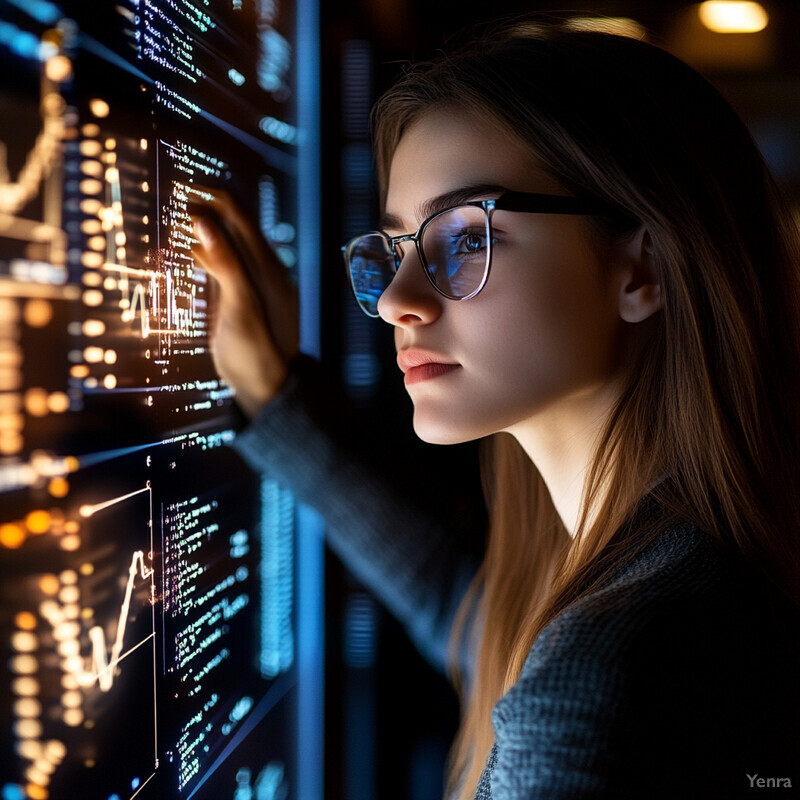 A woman intently analyzes data on her computer screen, wearing glasses and leaning forward with her right hand touching the display.