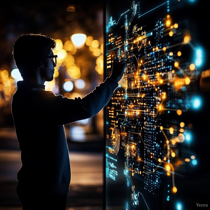 A man is standing in front of a large screen displaying a complex data visualization.