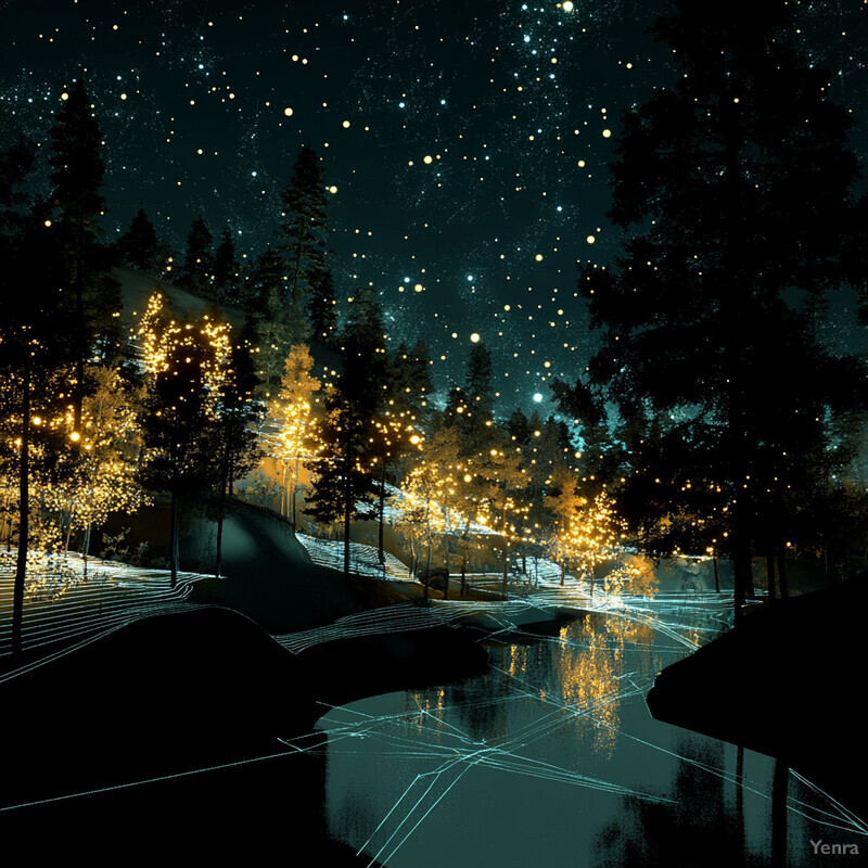 A peaceful forest scene at night, with a winding path and soft yellow lights.