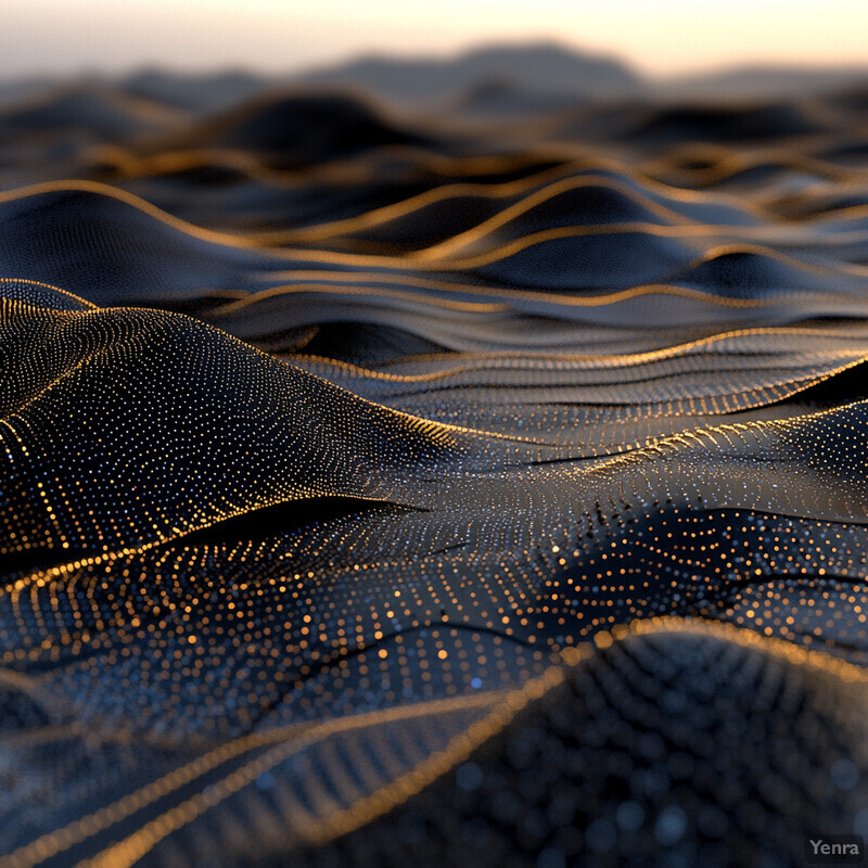 An abstract representation of a landscape or terrain with stylized undulating patterns and an intricate network of gold lines and dots.