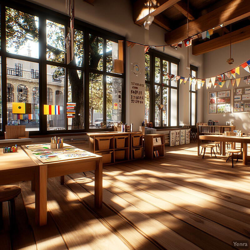 An art room with wooden tables and chairs, where children can create their own artwork.