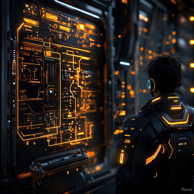 A person in a futuristic suit is intensely studying a large screen displaying complex circuitry.