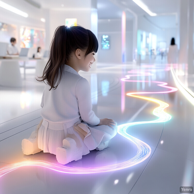 A young girl sitting on the floor of an art gallery or museum, surrounded by various pieces of artwork.