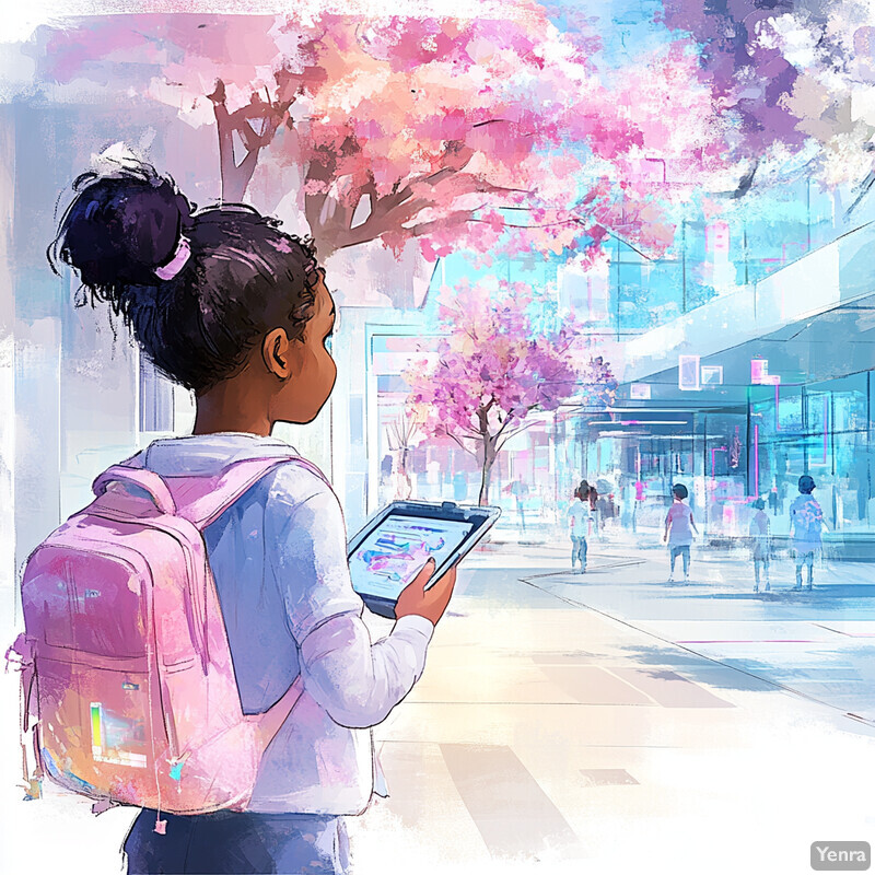 A young girl with dark skin and black hair styled in a bun is holding a tablet displaying an educational software or app, set against the backdrop of a city street lined with trees adorned with pink blossoms.