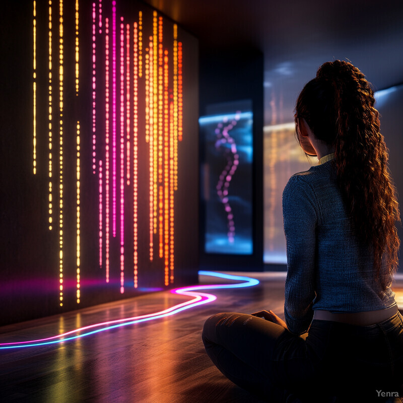 A woman sits on the floor in front of a colorful light installation, surrounded by vibrant artwork.