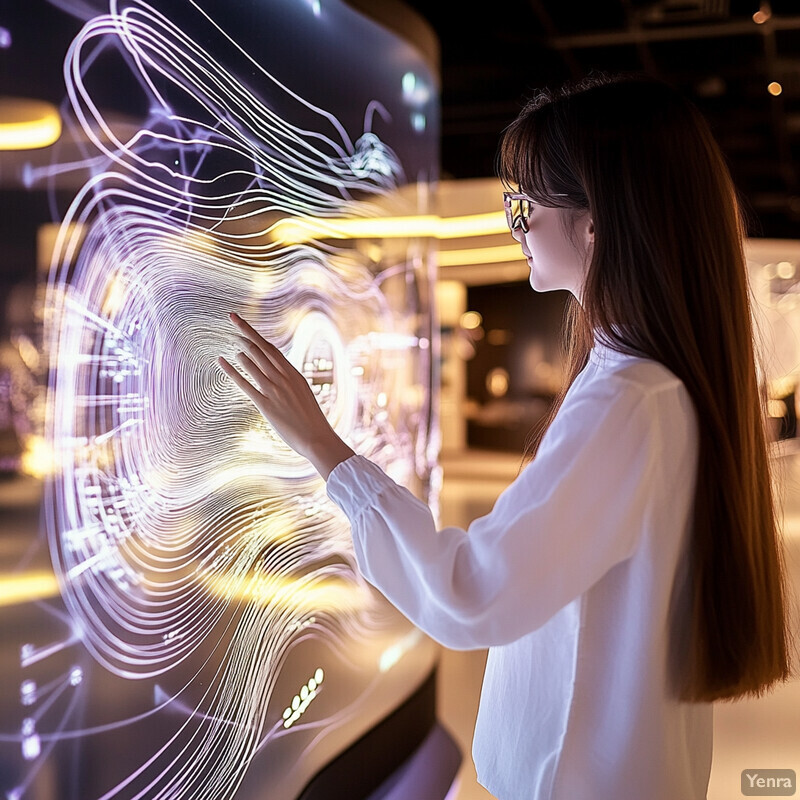 A woman stands in front of a large screen displaying an abstract design, possibly interacting with it.