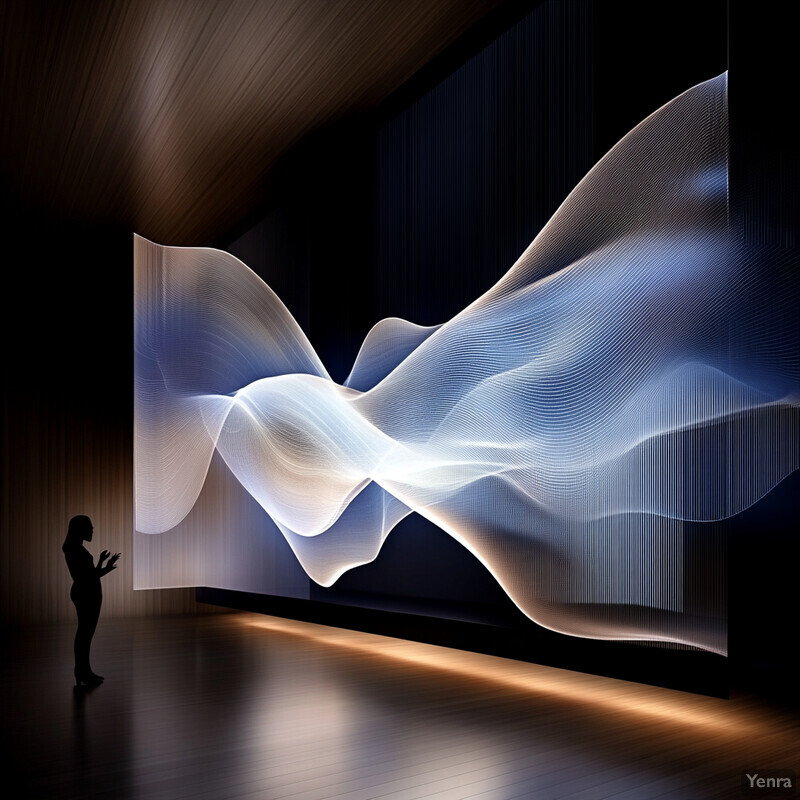 An art installation featuring an abstract piece with flowing lines and shapes in shades of blue and white.