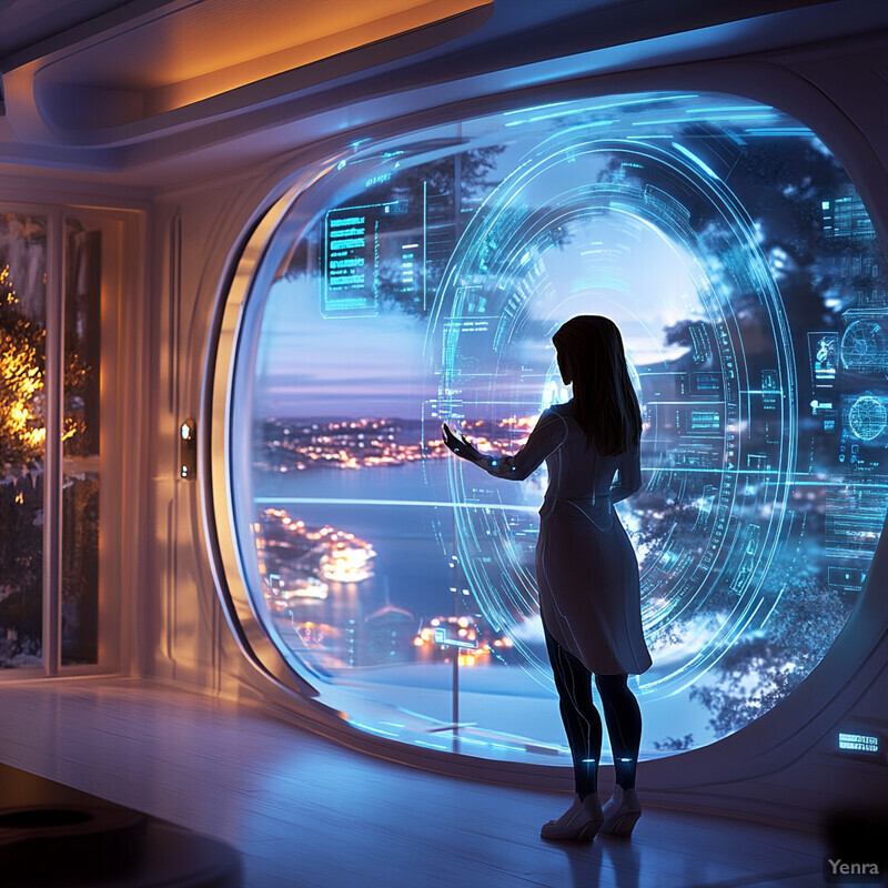 A futuristic room with a large screen displaying graphs and charts, possibly related to data analysis or scientific research.