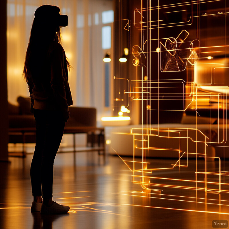 A woman wearing VR goggles stands in front of an AR display projected on a wall or screen.