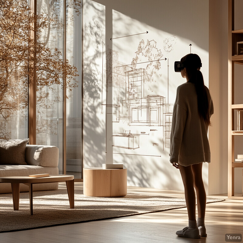 A woman in a VR headset views a sketch of a house on the wall in a well-lit living room.