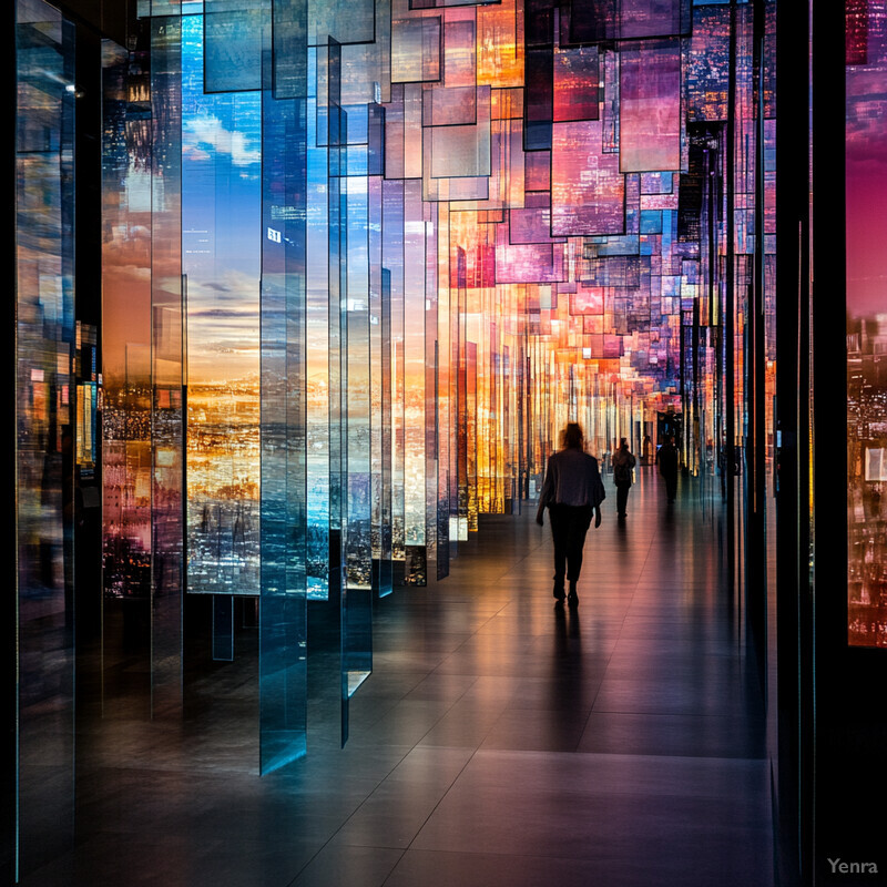 A woman walks through a hallway with walls covered in large screens displaying various images.