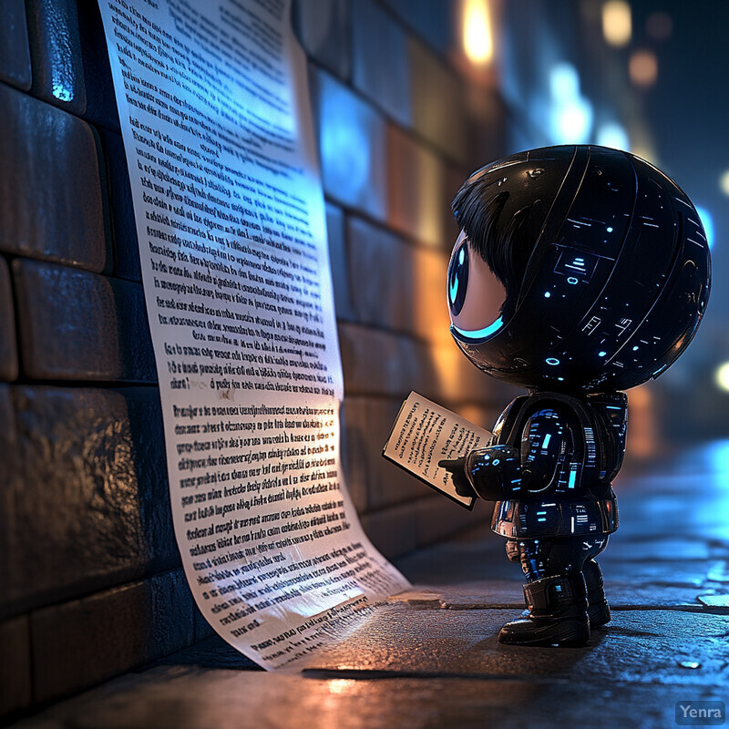 A small robot stands on a concrete floor, reading or studying a long piece of paper.