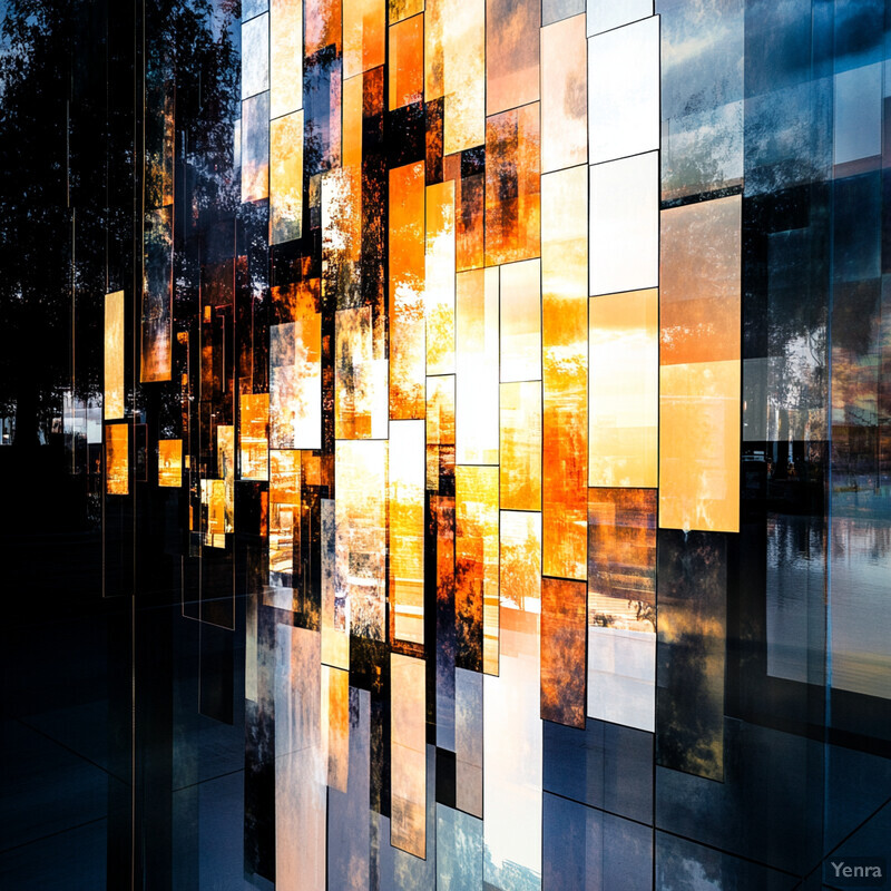 A visually striking abstract composition featuring photographs or digital artwork on rectangular panels with a dominant color palette of black, orange, and yellow.