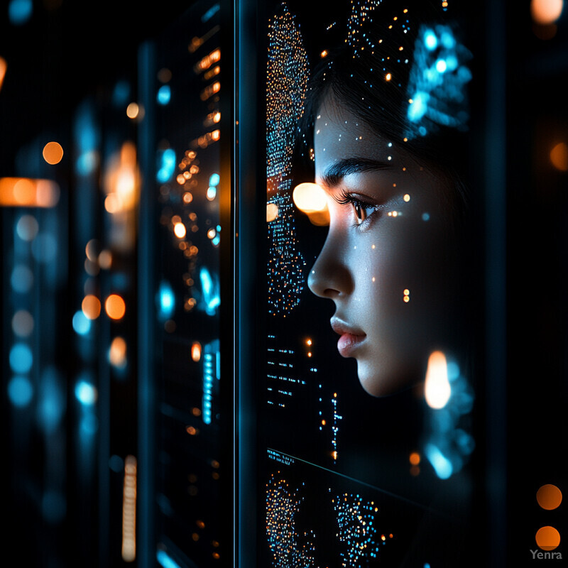 A woman working on a computer, looking at lines of code.