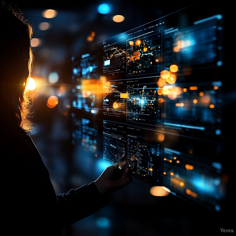 A person is analyzing data on a large screen in an office setting.