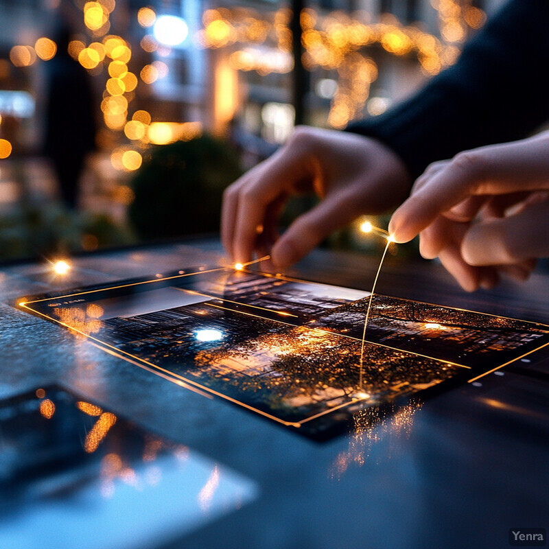 An individual is using a tablet to explore a virtual reality environment at night.