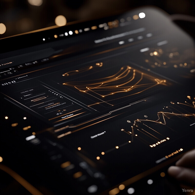 A tablet displays a sophisticated-looking graph or chart with gold-colored lines on a black background.