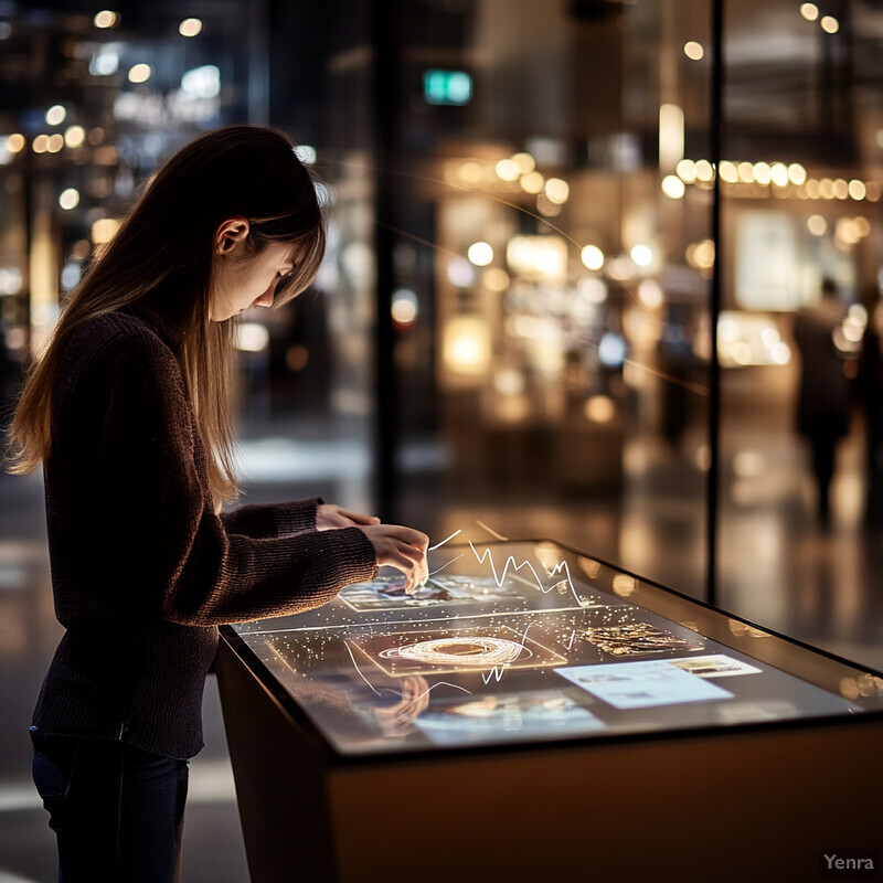 A woman interacts with an interactive display in a shopping mall.