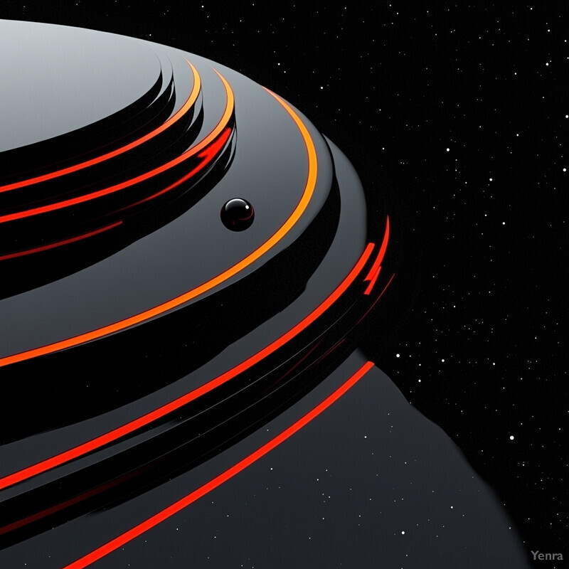 An abstract, futuristic scene with a prominent black object featuring orange and red stripes.