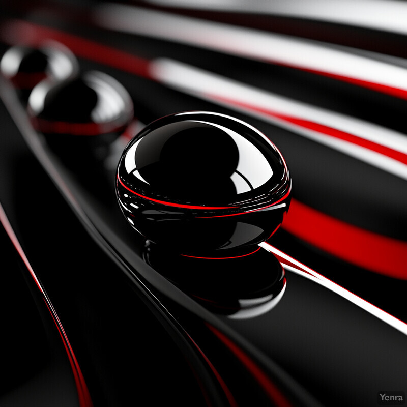 Three shiny black spheres with red accents on a reflective surface.