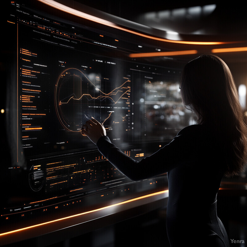 A woman is intently studying data on a large screen.