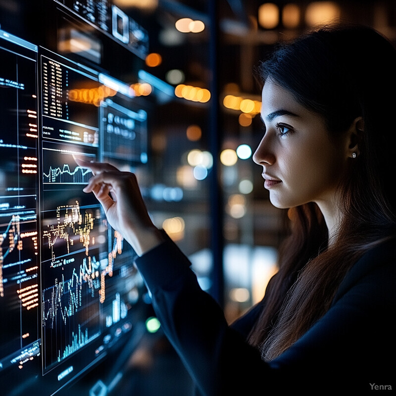 A woman examines a large screen displaying financial data, likely an analyst or data scientist reviewing market trends.