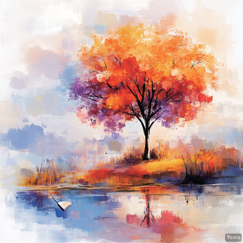 A serene landscape of a body of water with trees on its banks, painted in warm colors.