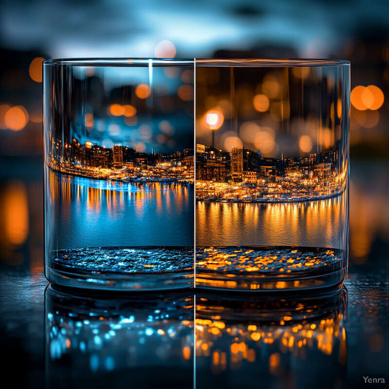 Two glasses placed on a reflective surface in an outdoor setting.