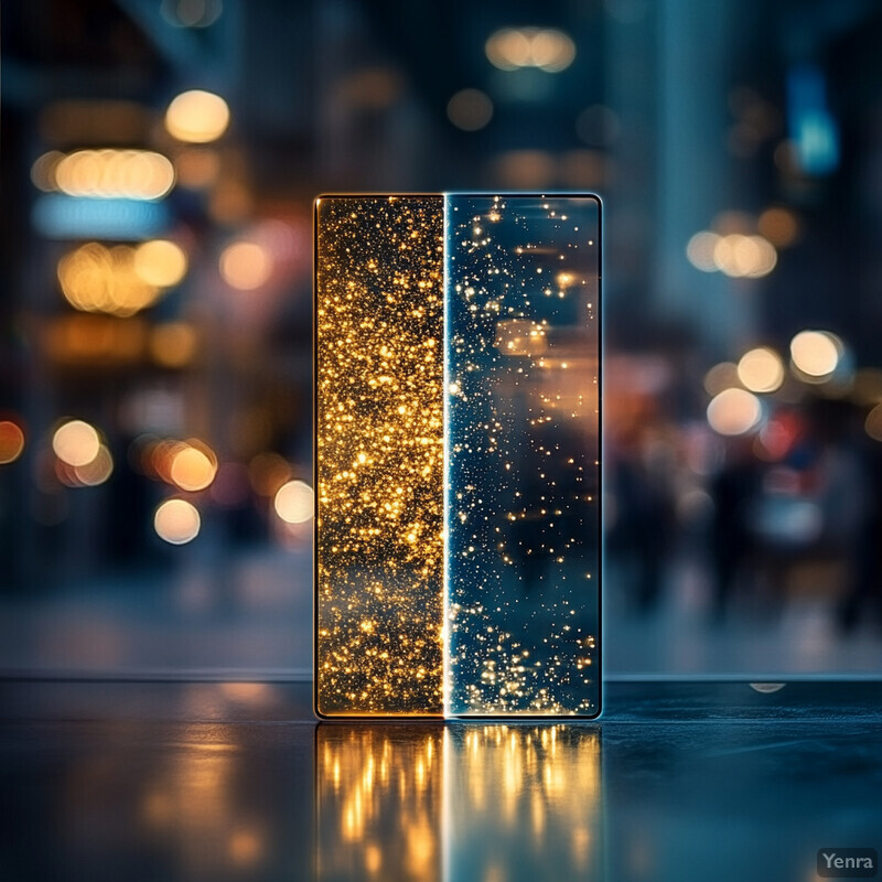 Two rectangular objects with gold and blue hues are set against a blurred background.