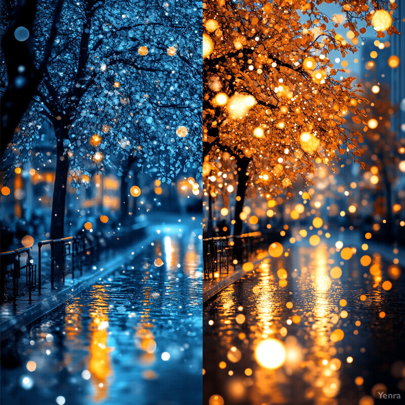 A serene city street scene at night with trees and buildings, featuring a blue-toned left half and an orange-toned right half.