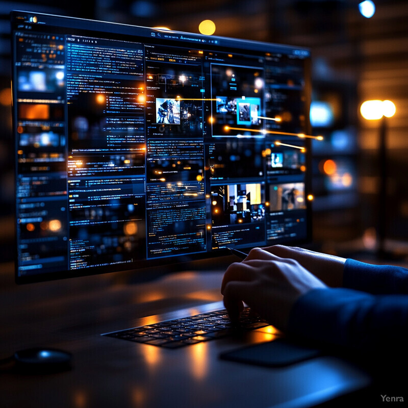 A person working on a computer in an office setting at night.