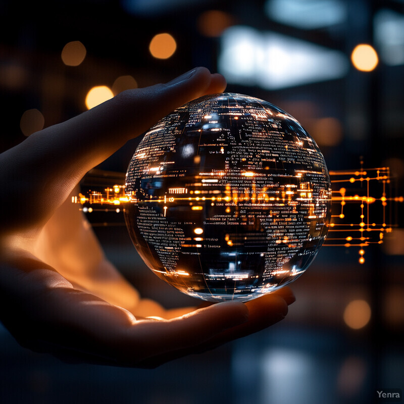 A person is holding a crystal ball that reflects computer code snippets and data visualizations.