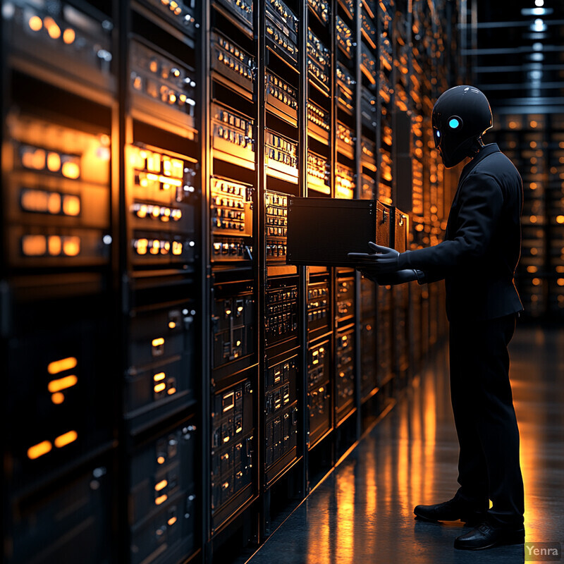 A person in a dark suit and helmet is managing servers in a dimly lit server room.