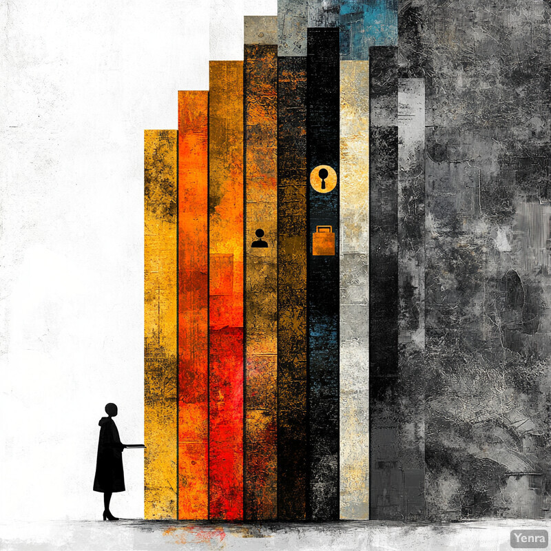 A person stands in front of an abstract wall with various shapes and colors, trying to decipher its meaning.