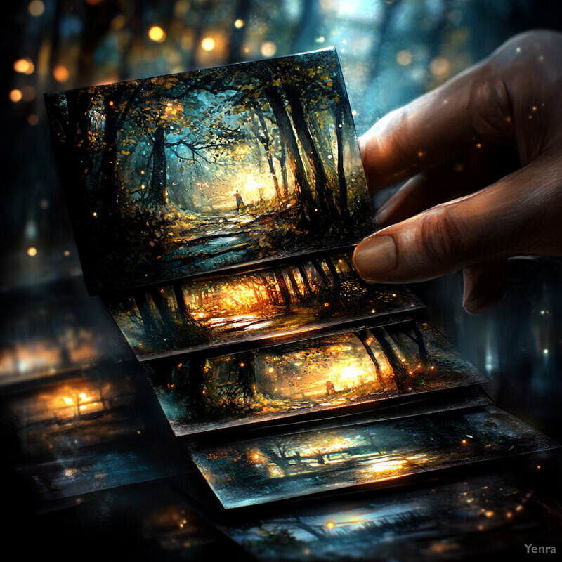 A hand holds five forest-themed photographs in a staggered formation.